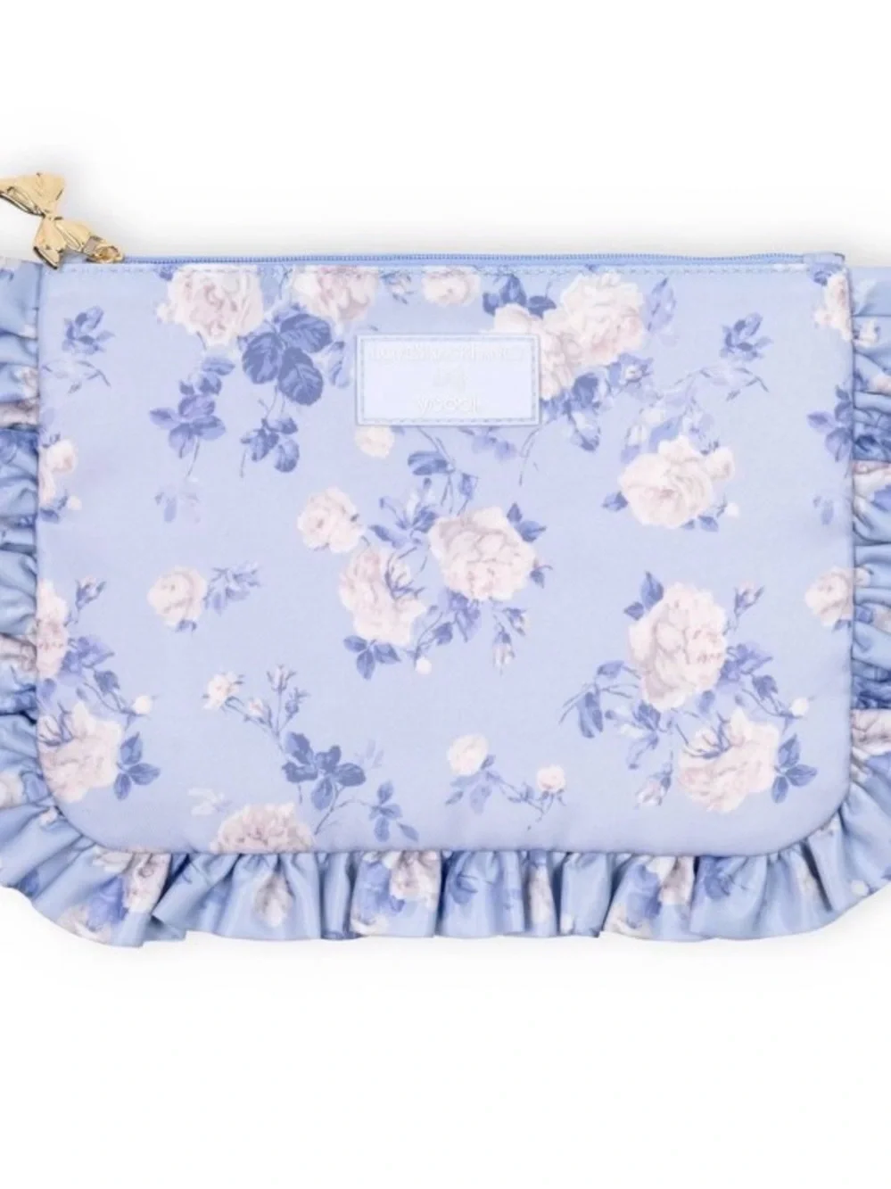 LoveShackFancy Floral Ruffle Cosmetic Pouch in Light Blue and Cream